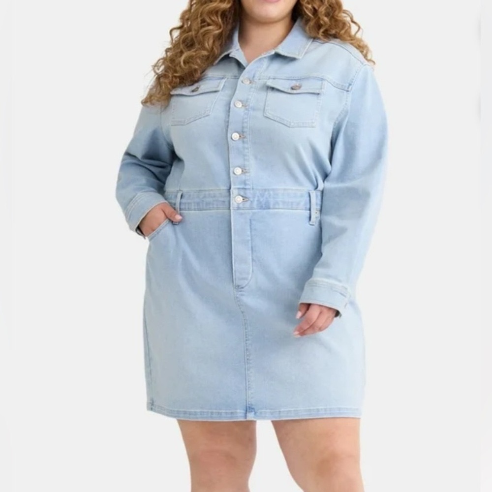Plus Terra & Sky Light Wash Denim Utility Dress 1X - 4X Pockets Stretch NWT